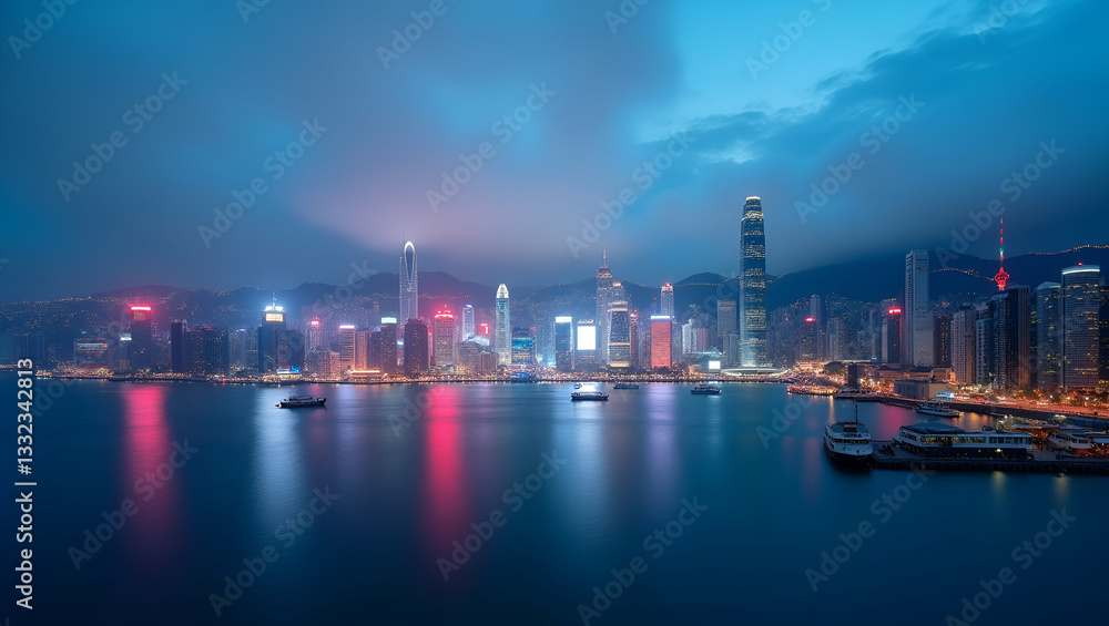 Naklejka premium Vibrant Hong Kong Cityscape: Time Lapse of Victoria Harbour's Urban Skyline and Harbor Activity in a Cute Flat Vector Illustration