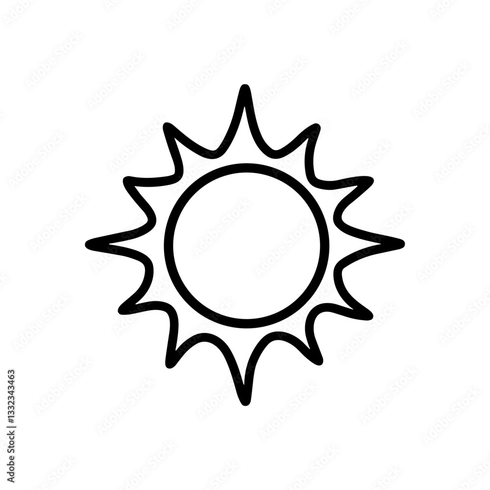 Sun icon in black outline style with jagged rays. Sun icon in black outline style with jagged rays.