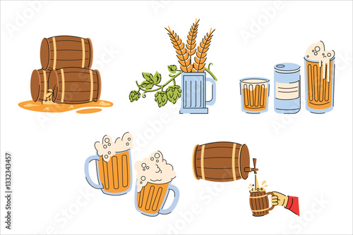 Craft beer theme showing barrels, wheat stalks, hops, cans, glasses and mugs filled with beer.