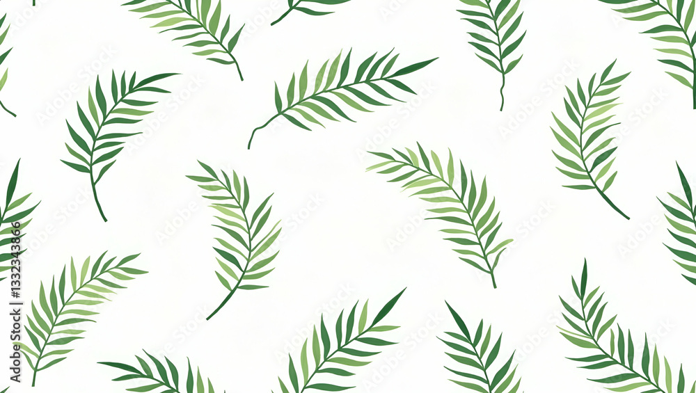 Explore a Serene Botanical Garden: Seamless Tile Pattern Featuring Various Palm Species in Natural Greens on White Background for Tranquil Spaces - Vector Illustration Explore a Serene Botanical Garden: Seamless Tile Pattern Featuring Various Palm Species in Natural Greens on White Background for Tranquil Spaces - Vector Illustration