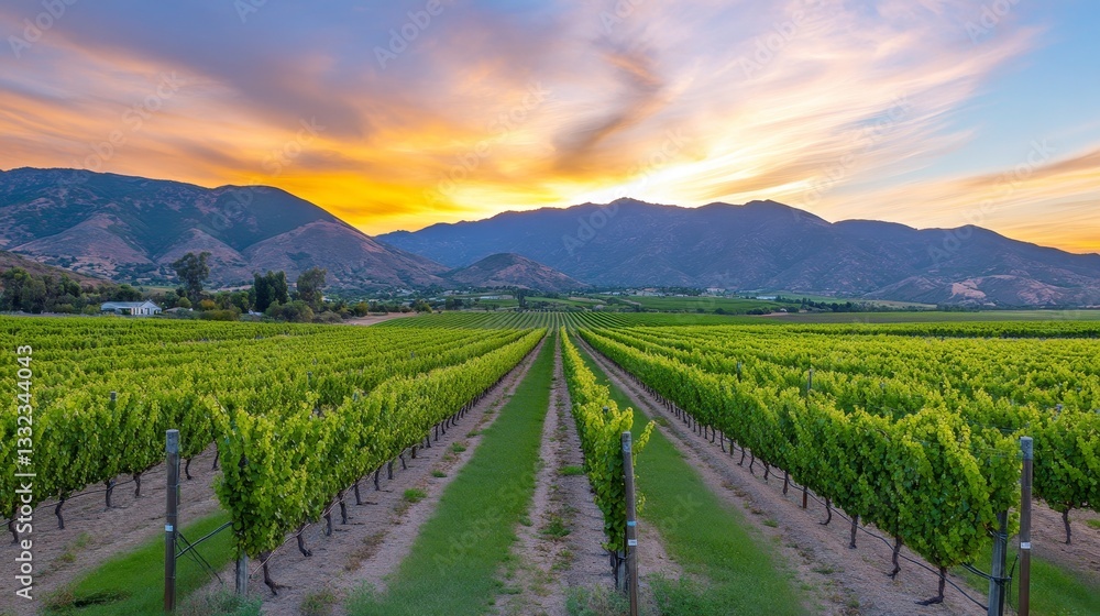 Lush vineyard rows under a vibrant sunset with mountains in the background, showcasing nature's beauty Lush vineyard rows under a vibrant sunset with mountains in the background, showcasing nature's beauty