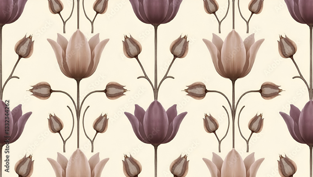 Obraz premium Dried Tulip Motifs and Earthy Purple Tones: Rustic Seamless Tile Pattern for Country Style Kitchens - A Simple Flat Vector Illustration for Smart Business Design