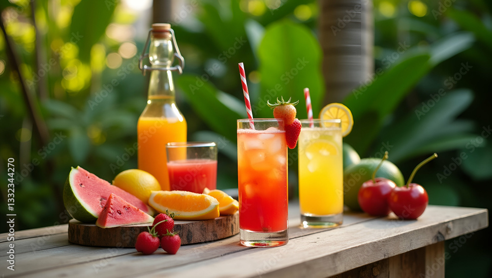 Lush Tropical Garden Setup for a Chic Summer Party: Vibrant Decor & Fruity Drinks in Photo Stock Concept with Empty Space for Customization Lush Tropical Garden Setup for a Chic Summer Party: Vibrant Decor & Fruity Drinks in Photo Stock Concept with Empty Space for Customization