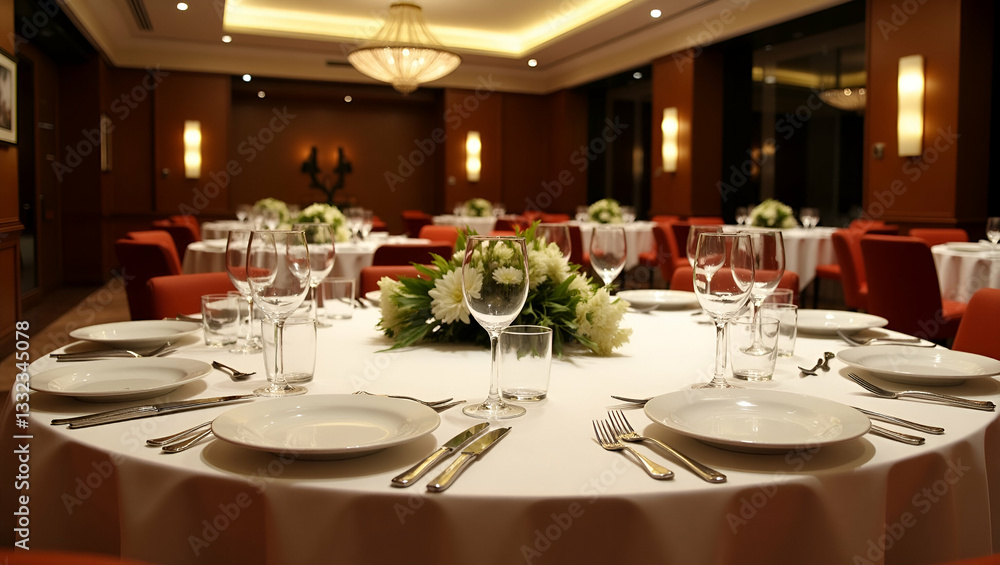 Flat Dinner table in the banquet room of a luxury hotel concept as A sumptuous dining hall showcases fine tableware tall centerpieces and refined plating inspiring upscale event hosting brand impressi Flat Dinner table in the banquet room of a luxury hotel concept as A sumptuous dining hall showcases fine tableware tall centerpieces and refined plating inspiring upscale event hosting brand impressi