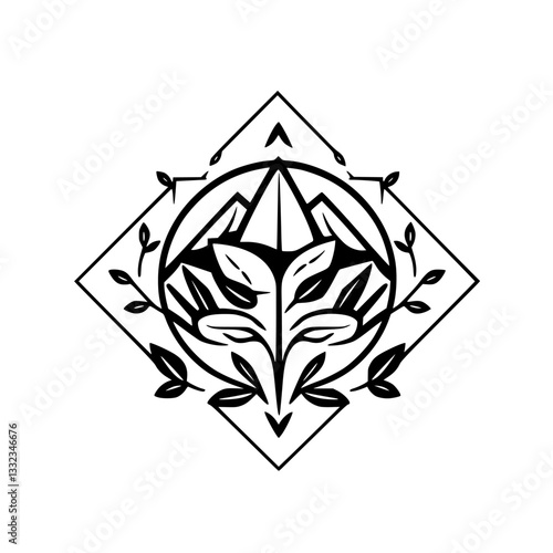 Geometric Black and White Design: A symmetrical floral motif with mountain silhouettes enclosed within a circular frame, set within a diamond.