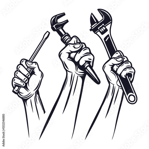 Hands Holding Tools Illustration – Pliers, Wrench, Knife, Paintbrush, Screwdriver Art
