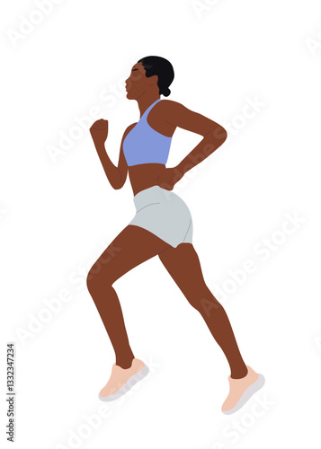 Young african american Sports woman running. Healthy active lifestyle. Maraphon, Sprint, jogging, warming up. Female athlete character vector illustration isolated 