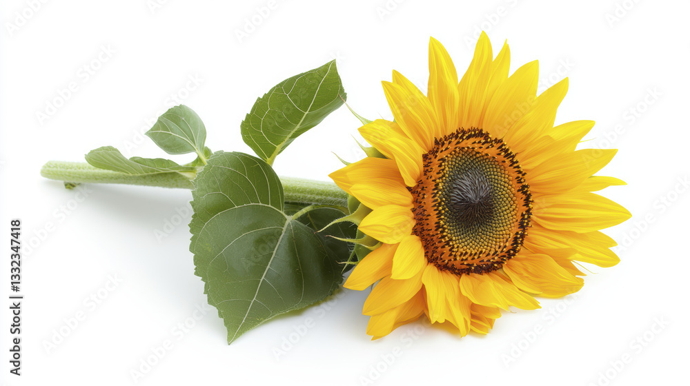 Obraz premium vibrant sunflower with green leaves, showcasing its bright yellow petals and intricate center, symbolizes warmth and positivity