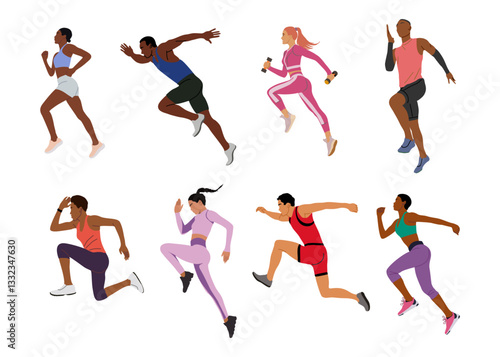 Runners set. Male and female athletes running. Healthy active lifestyle. Maraphon, Sprint, jogging, warming up. Sport, fitness design, flat style vector illustrations isolated