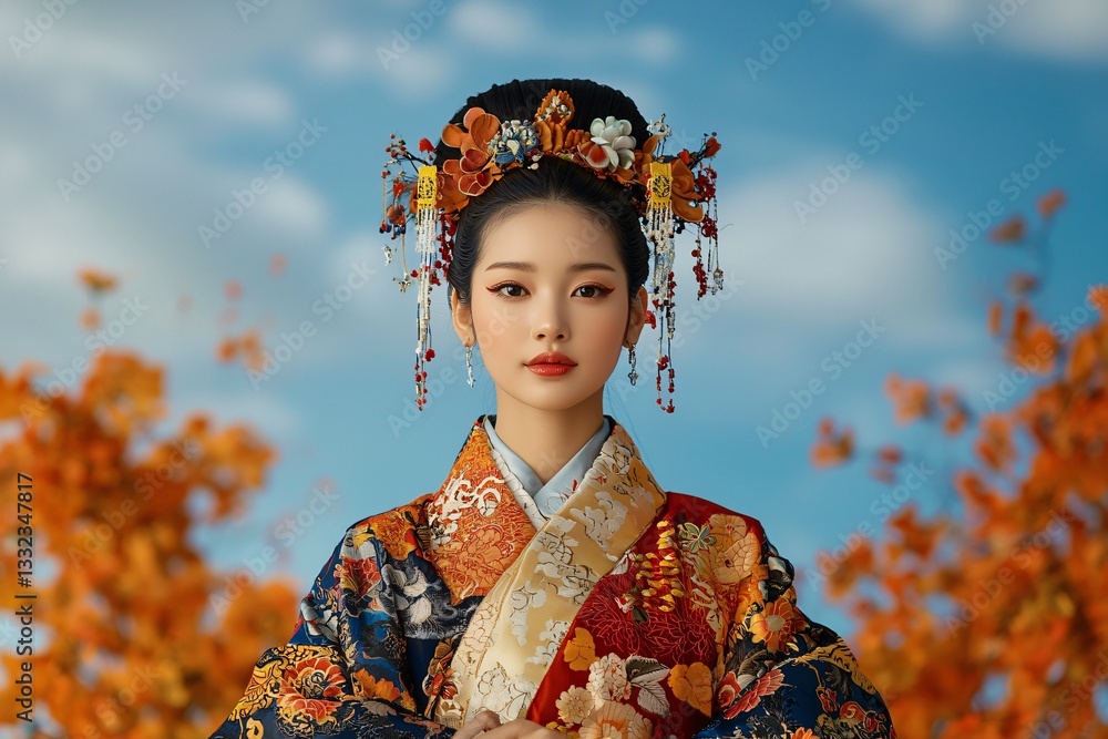 Fototapeta premium Celebratory Festival Costumes Blending High-Tech Design with Cultural Tradition in an Outdoor Setting