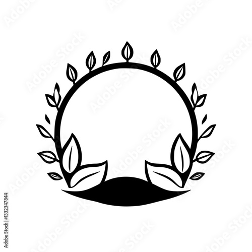 Wallpaper Mural Black and White Circular Wreath with Leaves, Elegant Floral Frame, Minimalist Design, Isolated on White Background, Clean Lines. Torontodigital.ca