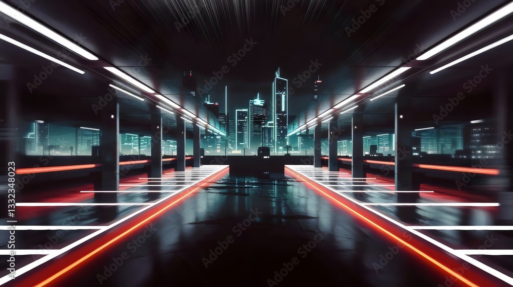 Retro-futuristic neon-lit parking garage with glowing edges and futuristic city skyline – Perfect for cyberpunk, city lifestyle, or digital art projects. Retro-futuristic neon-lit parking garage with glowing edges and futuristic city skyline – Perfect for cyberpunk, city lifestyle, or digital art projects.