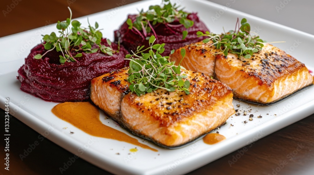 Delicious Salmon with Beetroot Purée and Microgreens Delicious Salmon with Beetroot Purée and Microgreens