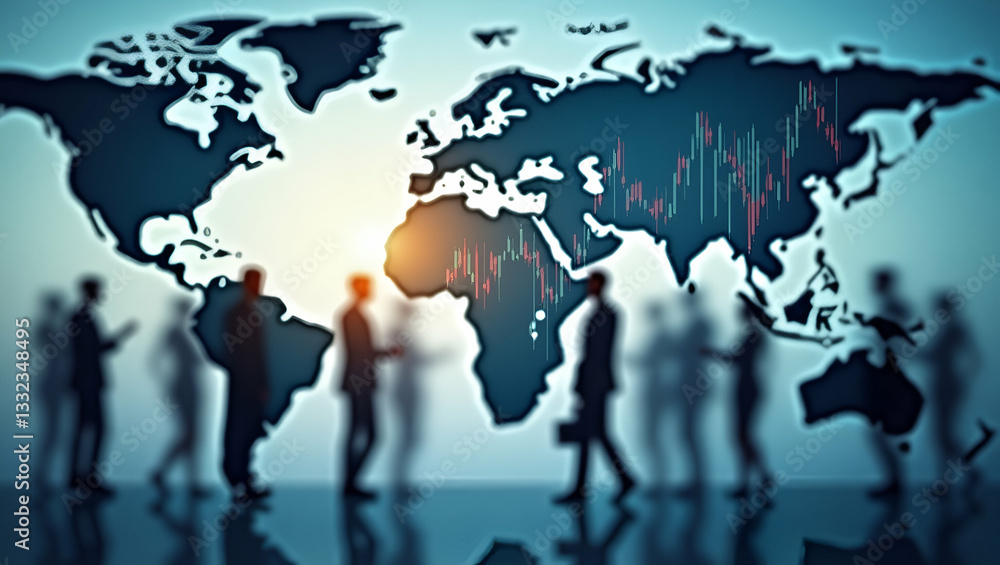 Charting Success: Stock Market Insights with Business People in Motion & Blurred World Map Charting Success: Stock Market Insights with Business People in Motion & Blurred World Map