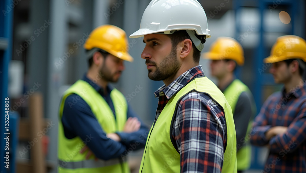 Professional Industry Engineers and Factory Foremen Collaborate in Safety Helmets: Enhancing Teamwork and Efficiency in Construction and Manufacturing Technology - Stock Photo Concept Professional Industry Engineers and Factory Foremen Collaborate in Safety Helmets: Enhancing Teamwork and Efficiency in Construction and Manufacturing Technology - Stock Photo Concept
