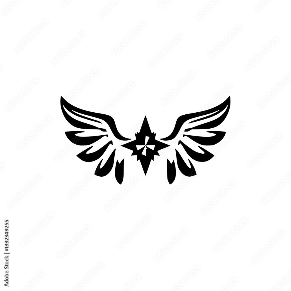 Obraz premium Monochromatic Geometric Emblem of a Winged Star, Depicted on a Solid White Background, Suggesting Abstract Symbolism.