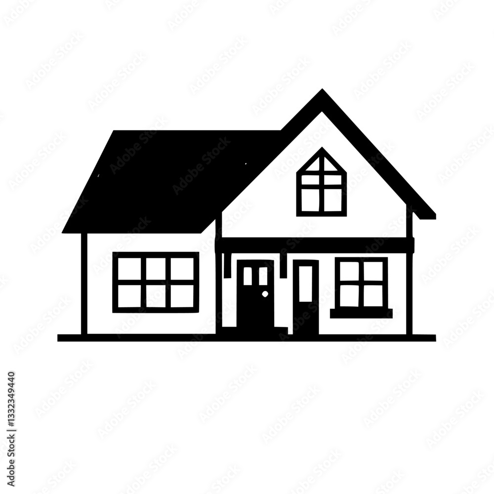 Stylized black and white illustration of a classic two-story house with a gabled roof, multiple windows, and a simple front porch, perfect for real estate or architectural design. Stylized black and white illustration of a classic two-story house with a gabled roof, multiple windows, and a simple front porch, perfect for real estate or architectural design.