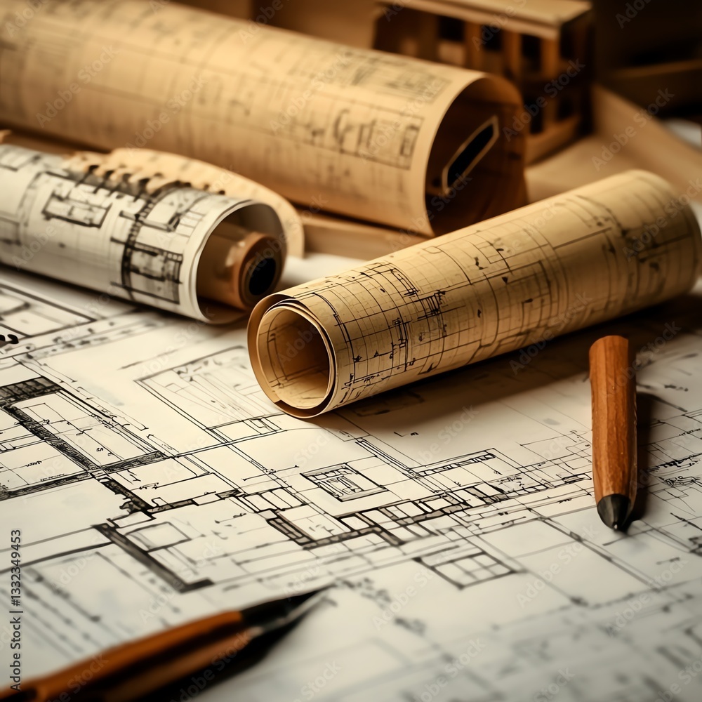 Detailed architectural blueprints with multiple building plans, rolled up scrolls and drafting tools, depicting the design process Detailed architectural blueprints with multiple building plans, rolled up scrolls and drafting tools, depicting the design process