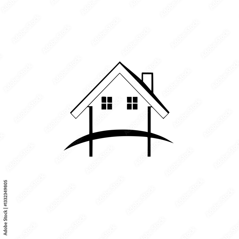 Minimalist House Icon with Black Lines, Windows, Chimney, and Ground Curve on White Background. Minimalist House Icon with Black Lines, Windows, Chimney, and Ground Curve on White Background.
