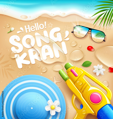 Songkran water gun festival thailand, Blue women's hat, water drop, coconut leaf, flyer poster design on sand beach background, Eps 10 vector illustration