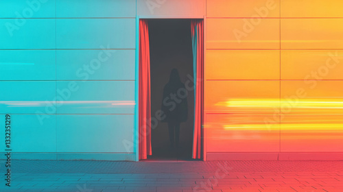Stalker Lurking in the Night Posing Danger, Silhouette in doorway with vibrant light trails