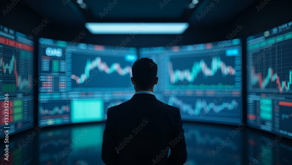 Confident businessman standing in front of stock market screens generated using AI representing financial expertise and trading. concept as Confident businessman standing in front of stock market scre Confident businessman standing in front of stock market screens generated using AI representing financial expertise and trading. concept as Confident businessman standing in front of stock market scre