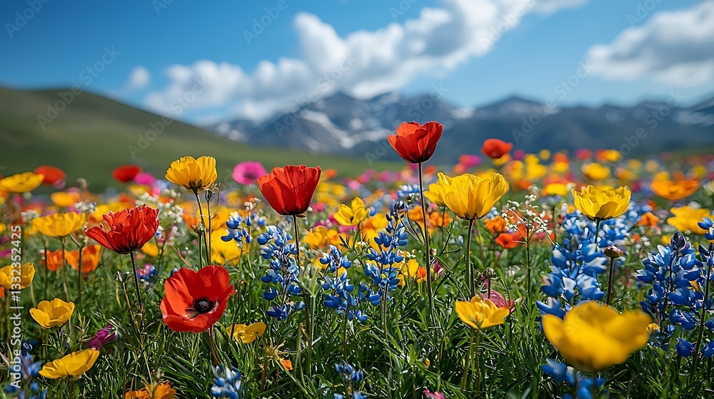 Fototapeta premium Vibrant Wildflower Meadow in Bloom Colorful Spring Flowers Mountain Background