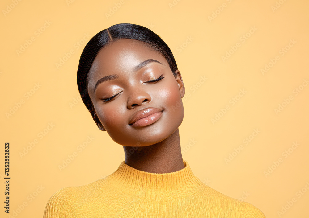 Smiling woman in a yellow sweater against a soft yellow background, exuding a calm, joyful demeanor. Smiling woman in a yellow sweater against a soft yellow background, exuding a calm, joyful demeanor.