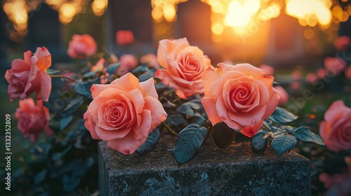 Fototapeta Naklejka Na Ścianę i Meble -  Sunset roses resting on a cemetery grave