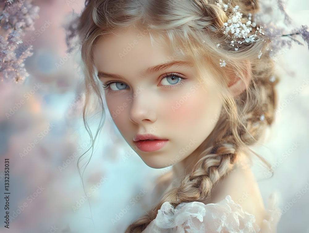 Ethereal young woman with elegant braided hairstyle in a fairy-tale setting Ethereal young woman with elegant braided hairstyle in a fairy-tale setting