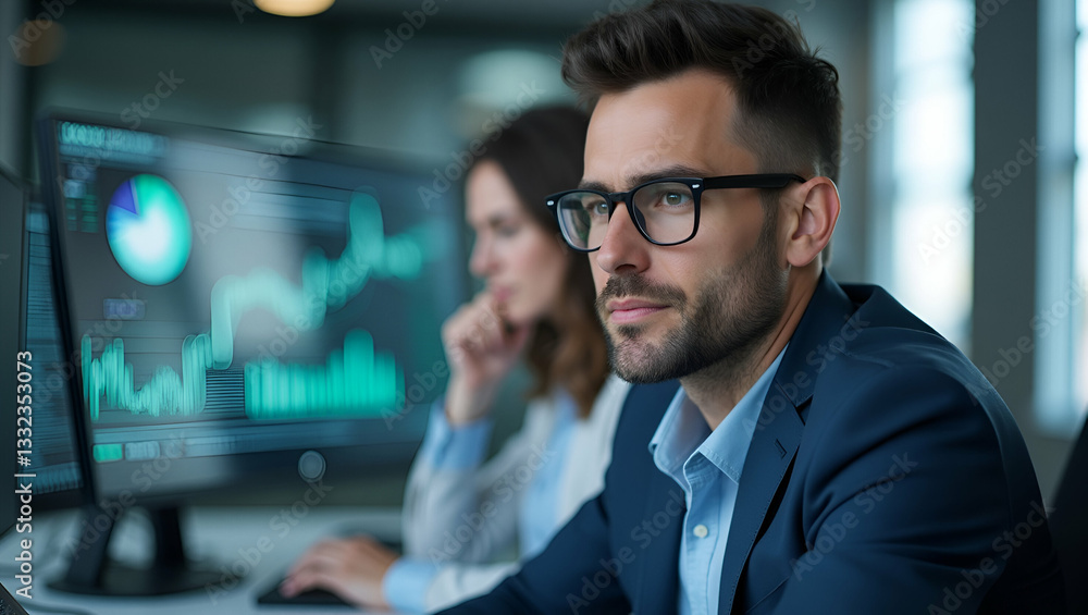 Flat Illustration of Focused Businessman Analyzing Investment Data for Strategic Financial Growth Flat Illustration of Focused Businessman Analyzing Investment Data for Strategic Financial Growth