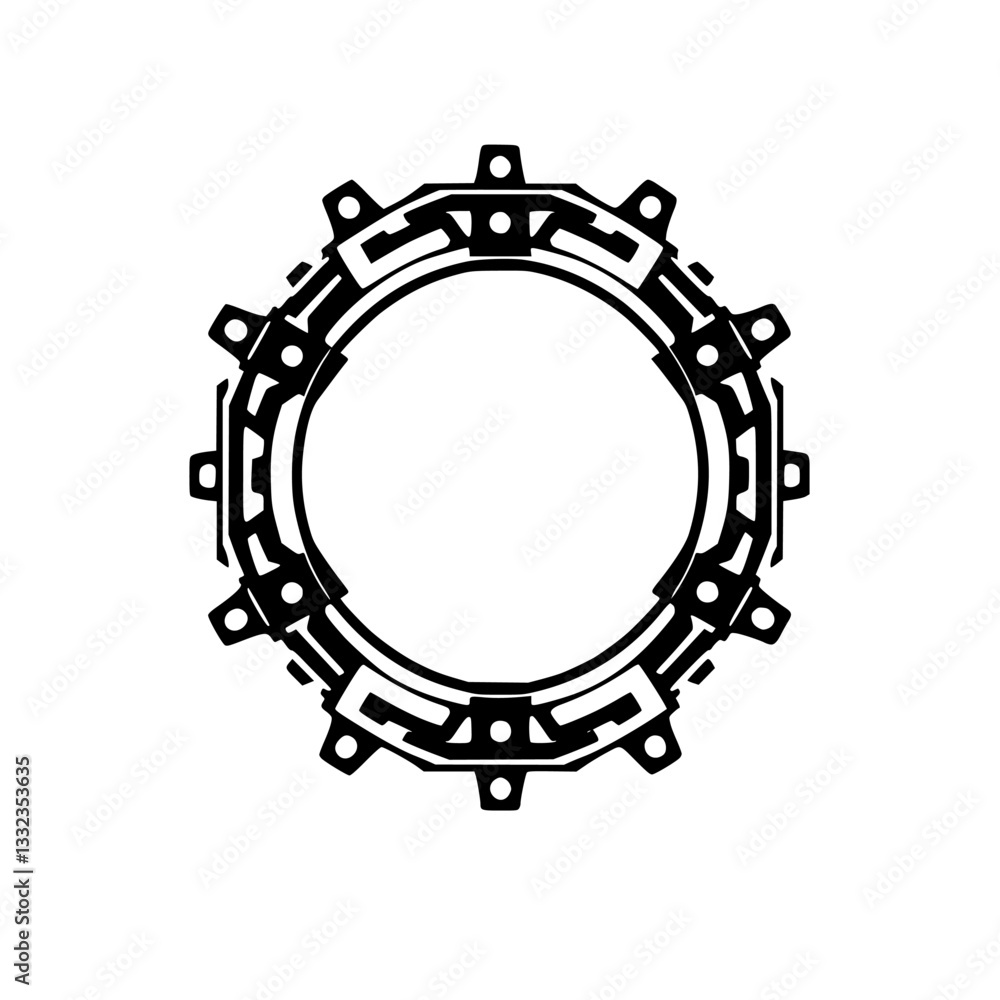 Intricate black and white geometric circular design featuring an ornate, stylized frame with symmetrical elements and a central void on a plain white background. Intricate black and white geometric circular design featuring an ornate, stylized frame with symmetrical elements and a central void on a plain white background.