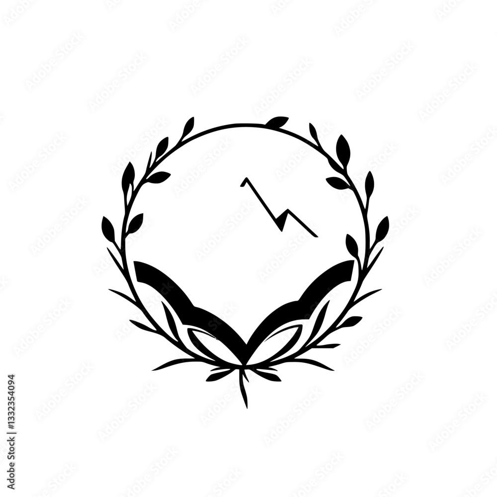 Obraz premium Black and white vector logo featuring an open book silhouette at the bottom, a stylized mountain peak, and a botanical wreath.