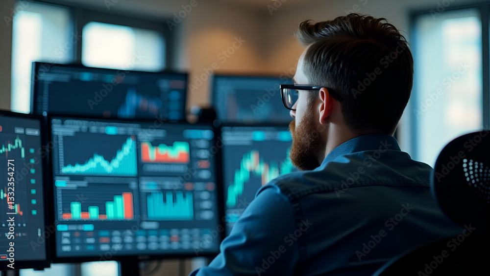 Successful Trader: Back View of Bearded Stock Market Broker in Eyeglasses Analyzing Data on Multiple Screens in Modern Office - Stock Photo Concept with Empty Space for Text Successful Trader: Back View of Bearded Stock Market Broker in Eyeglasses Analyzing Data on Multiple Screens in Modern Office - Stock Photo Concept with Empty Space for Text