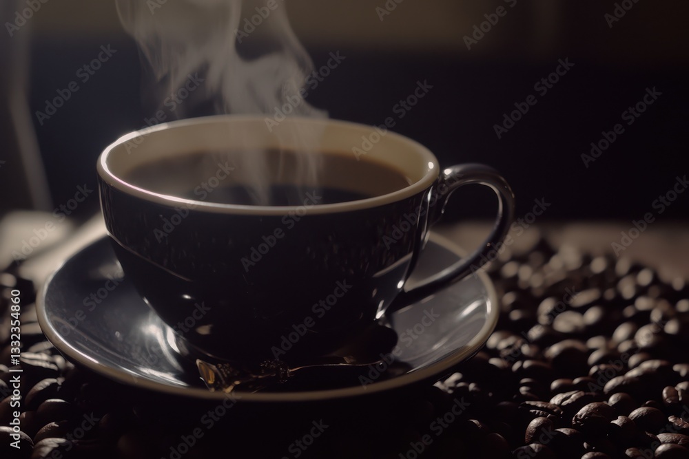 Fototapeta premium Enjoying a hot cup of coffee surrounded by aromatic coffee beans