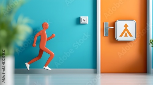 A minimalist digital painting of an emergency exit sign depicting a simplified human silhouette running towards an open doorway in a commercial or office setting