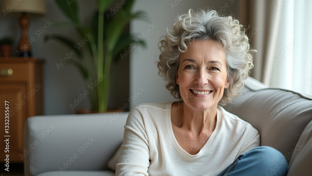 Smiling 50-Year-Old Woman with Curly Gray Hair Relaxing on Sofa at Home - Portrait Concept Smiling 50-Year-Old Woman with Curly Gray Hair Relaxing on Sofa at Home - Portrait Concept