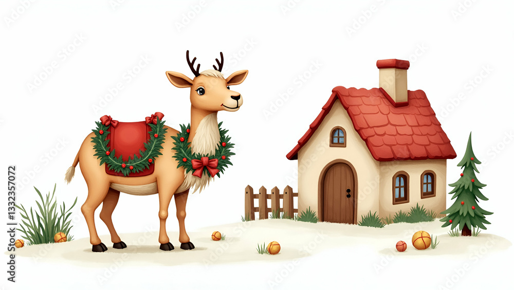 Naklejka premium Charming Flat Watercolor Illustration of a Camel with Wreath Beside a Whimsical House - Perfect for Festive Holiday Themes and Seasonal Decor