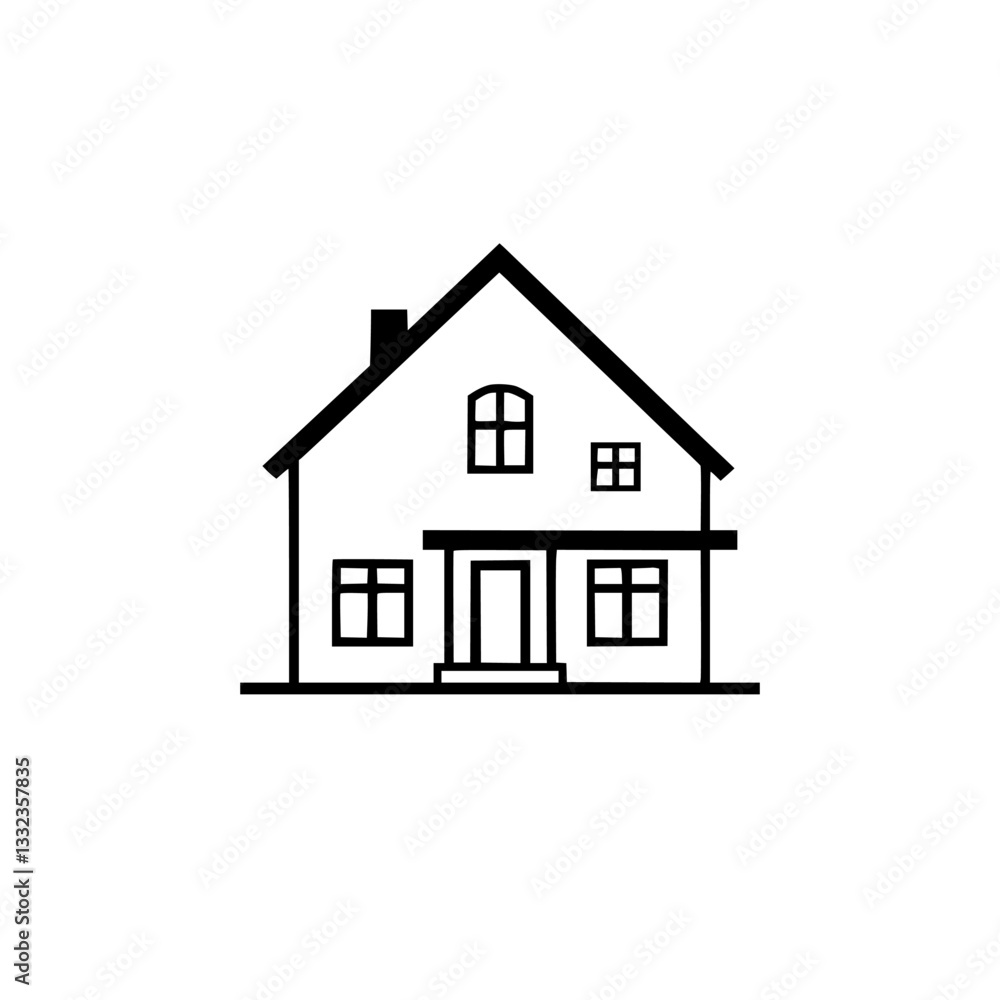 Minimalist Black and White Illustration of a Classic House with Gable Roof, Chimney, Windows, and Door, on a Clean White Background. Minimalist Black and White Illustration of a Classic House with Gable Roof, Chimney, Windows, and Door, on a Clean White Background.