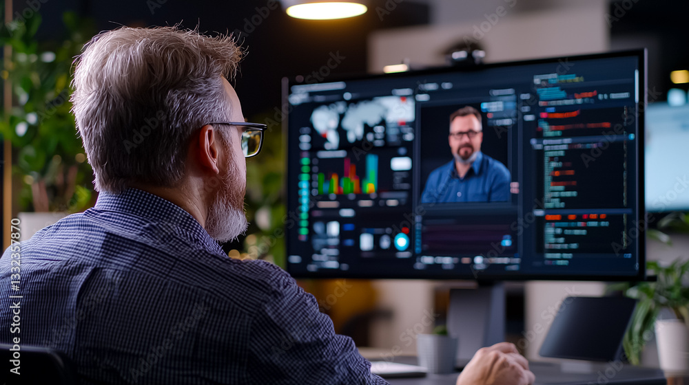 Naklejka premium Focused Person in Video Conference with Data Charts on Large Screen