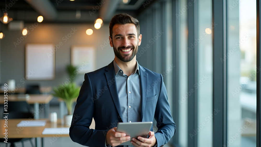 Smiling Latin Male Project Manager in Office: Happy Young Professional Using Tablet - Stock Photo Concept with Empty Space for Your Design Needs Smiling Latin Male Project Manager in Office: Happy Young Professional Using Tablet - Stock Photo Concept with Empty Space for Your Design Needs
