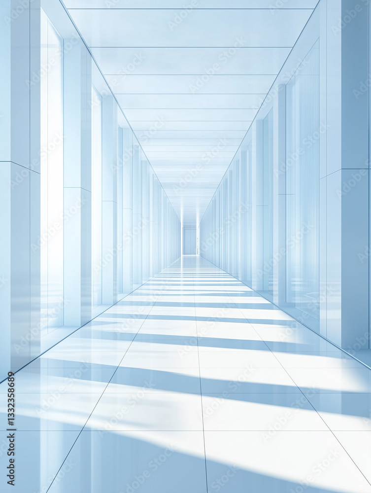 Modern white empty interior background with large corridors window, business office or corporate backdrop