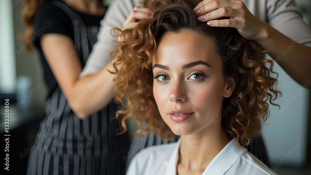 Fototapeta premium Stylish Hair Treatment: Flat Hairdresser and Beautiful Client in Fashion Salon - A Vector Illustration Showcasing Personal Grooming and Confidence Boosting Beauty Outcomes