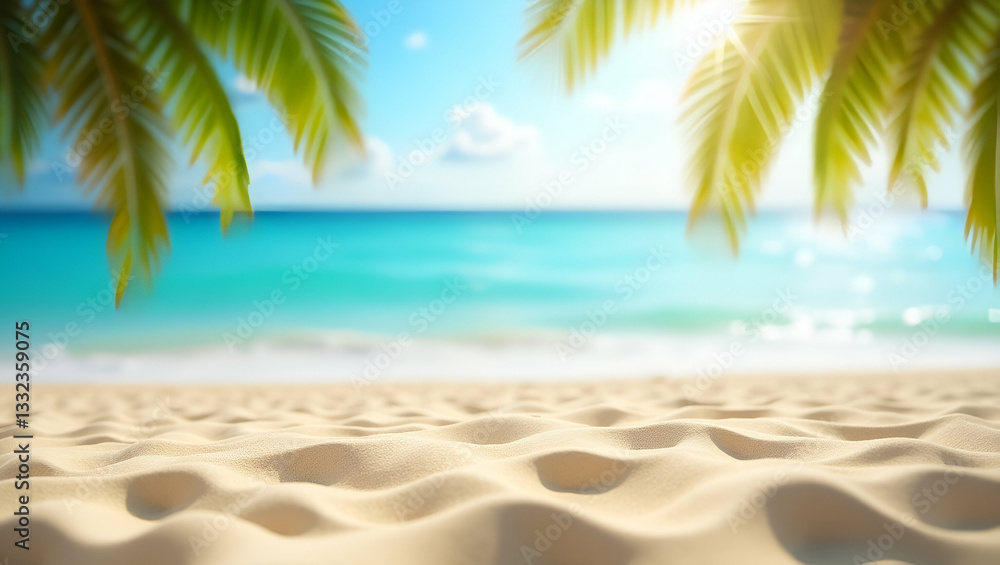 Obraz premium Tropical Beach Bokeh: Relaxing Sand and Blurred Palm Trees for Summer Vacation Travel Visuals
