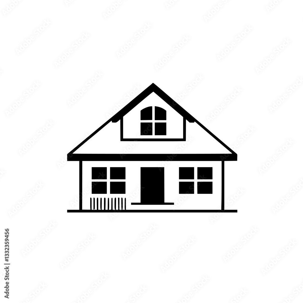Minimalist Black and White House Illustration Featuring a Simple Home Facade with Windows, Door, and Gable Roof on a Plain White Background. Minimalist Black and White House Illustration Featuring a Simple Home Facade with Windows, Door, and Gable Roof on a Plain White Background.