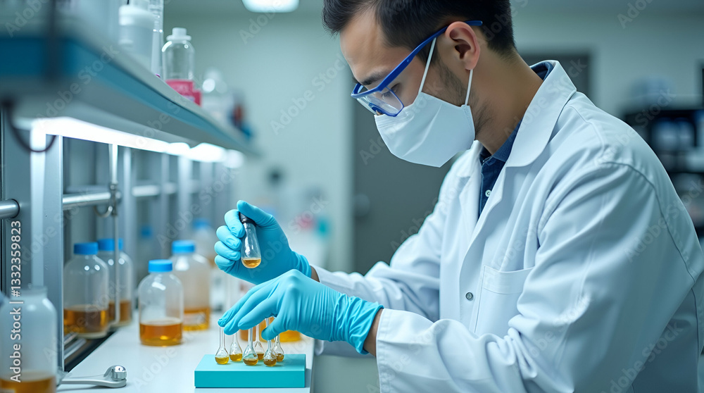 Dedicated Lab Technician Analyzing Food Additives in a Sterile Environment: Ensuring Food Safety and Driving Scientific Innovations in Food Quality - Stock Photo Concept with Empty Space Dedicated Lab Technician Analyzing Food Additives in a Sterile Environment: Ensuring Food Safety and Driving Scientific Innovations in Food Quality - Stock Photo Concept with Empty Space