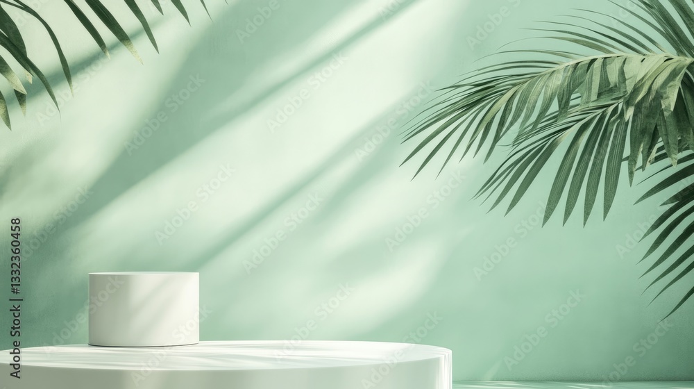 Abstract background with tropical palm leaf shadow for cosmetic product presentation: Premium podium on pastel green wall, white table, display banner. Abstract background with tropical palm leaf shadow for cosmetic product presentation: Premium podium on pastel green wall, white table, display banner.
