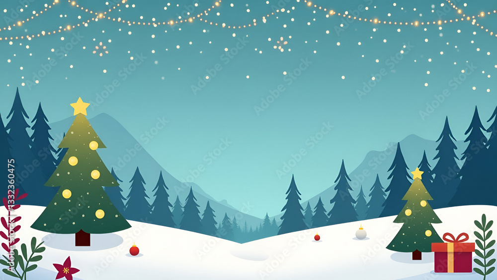 Naklejka premium Flat Christmas Landscape Background: Capturing the Festive Holiday Spirit with Cute Vector Illustrations of Winter Scenery and Seasonal Decorations