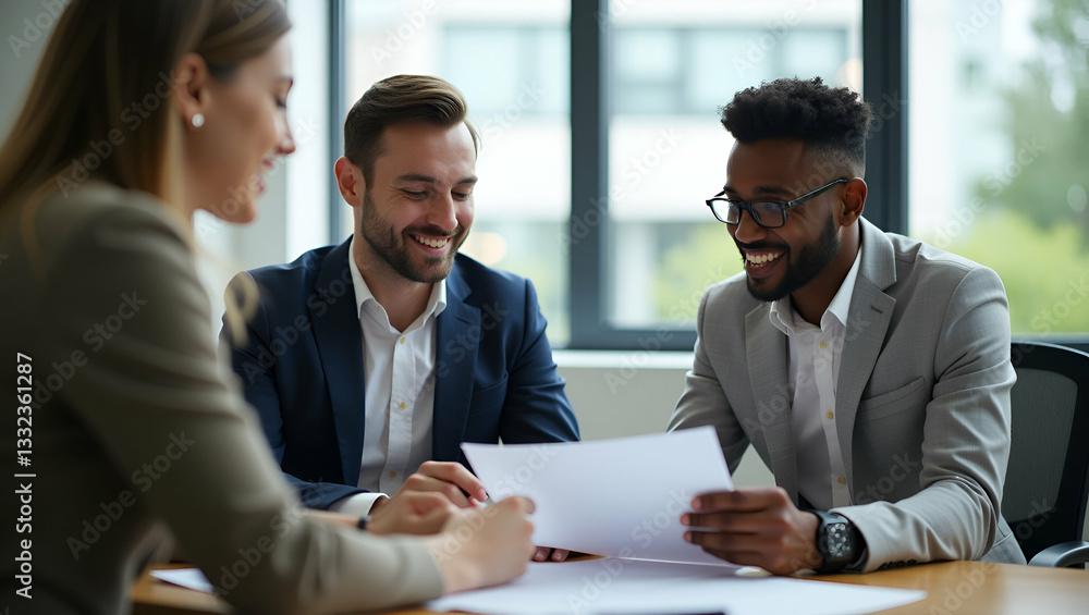 Flat Professional young business man manager financial advisor consulting client having conversation sitting at work meeting. Two busy happy diverse male employees checking documents talking in office Flat Professional young business man manager financial advisor consulting client having conversation sitting at work meeting. Two busy happy diverse male employees checking documents talking in office