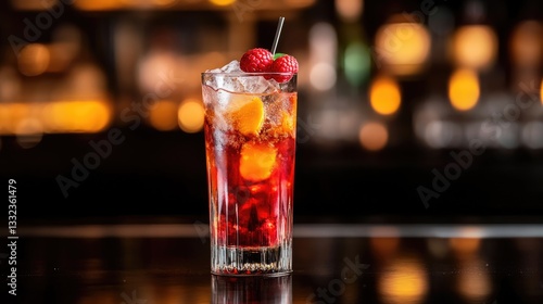 Alcoholic cocktail with calvados, prosecco, lychee, raspberry peach puree, and ice, set against dark bar backdrop